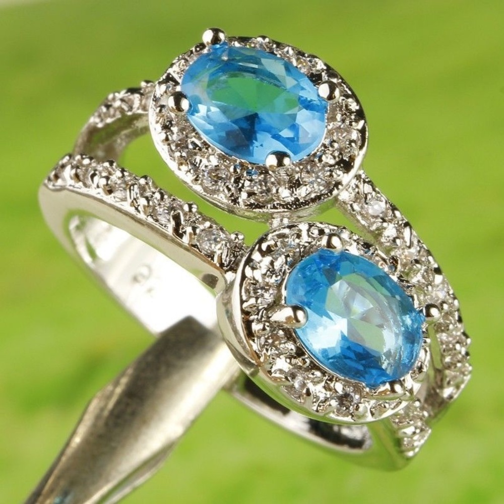 New Oval Blue White Topaz Gemstone Silver Ring